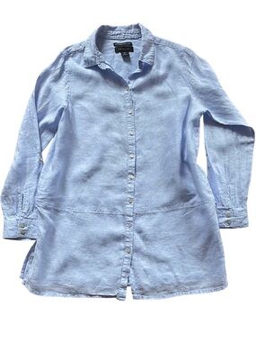 Tahari Light Blue Linen Button-Up Tunic Shirt